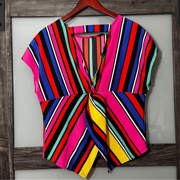 Emery Rose Color Block Striped Women's Top Size L Pop Art Tie Back Retro Bold - Picture 2 of 6